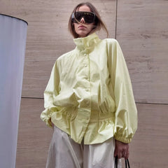 TARUXY 2026 Autumn Women's American Style Windbreaker Jacket Stand Collar Button Waist-Cinching Ruffle Slim Fashion Street Coat