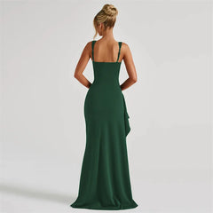 Square Neck Strap Thigh High Split Draped Long Dress