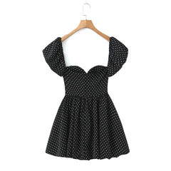 Black Polka Dot Off-Shoulder Puff Sleeve A-Line Mini Dress