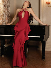 Halter Hollow Out Frill Ruched Maxi Dress