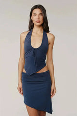 Navy Blue Halter Neck Drawstring Asymmetrical Top And Mini Skirt Set