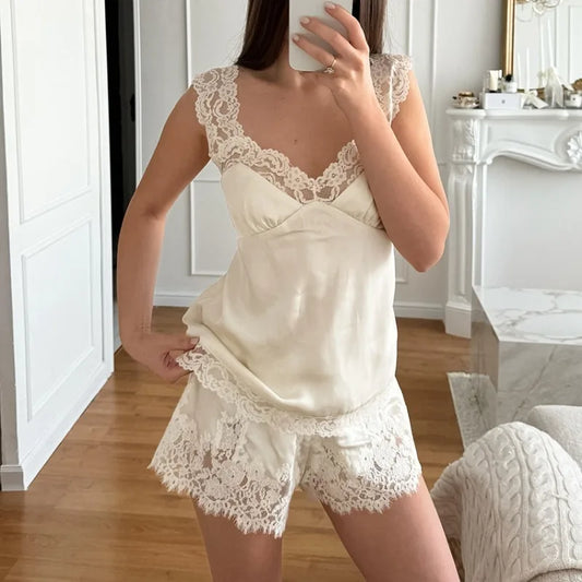 Satin Lace Trim Top And Shorts Pyjama Set