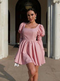 Puff Full Sleeves Diamonds A Line Square Collar Lace-up Mini Dress