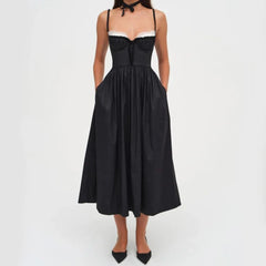 Black Satin Pleated Strap Midi Dress