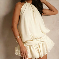 Pearl Halter Neck Open Back Frill Mini Dress
