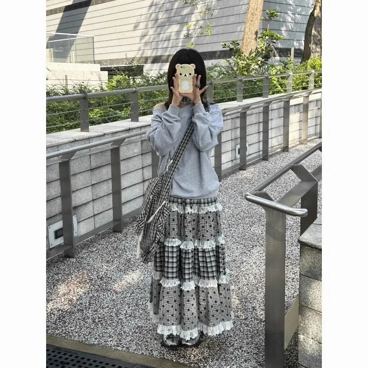Women's black plaid and polka dot lace patchwork ruffles A-line maxi skirt.

