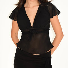 V-Neck Flutter Sleeve Crop Tops with Scarf