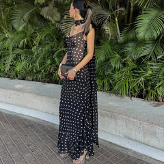 Black Polka Dot Long Dress With Scarf Ribbon