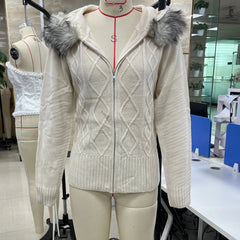Cable Knit Fur Hooded Zip Jacket
