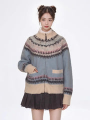 Blue Printed Stand Collar Knitted Cardigan Free From Label