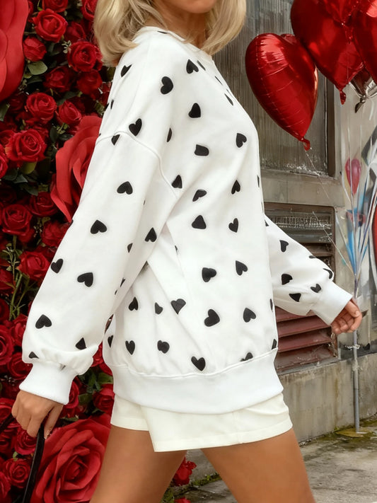 Heart Print Crew Neck Pullover