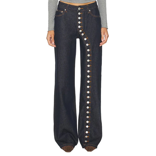 High Waist Wide Leg Denim Button Fly Curved Contrast Stitching Jeans