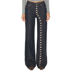 High Waist Wide Leg Denim Button Fly Curved Contrast Stitching Jeans