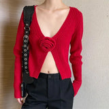 Ribbed 3D Flower Open Front Long Sleeve Cardigan