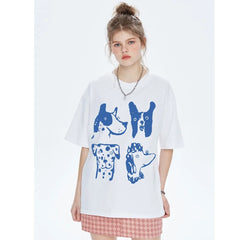 Cartoon Dogs Printing Kpop White Short Sleeve Cotton Tees