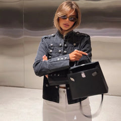 Stand Collar Button Split Short Denim Jacket