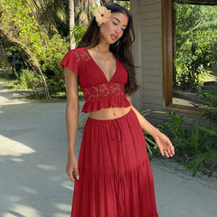 Short Sleeve Mesh Patchwork Crop Top And Maxi Skirt Matching Set