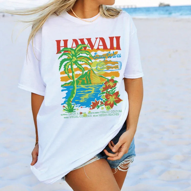 Oversized Tropical Beach Short Sleeve Cotton Vintage Graphic Tees