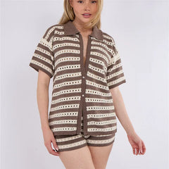 Striped Crochet Knit Short Sleeve Button Down Shirt and Shorts Hollow Out Set