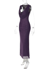 Purple Halter Off-Shoulder Mesh Maxi Dress