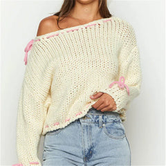 White Pink Ribbion Trim Sweater - Free From Label