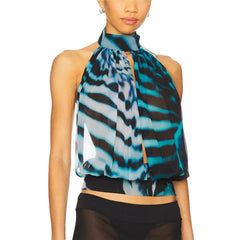 Blue Printed Halter Neck Cut Out Mesh Top