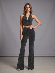 Black Rhinestone Cowl Neck Crop Tie Up Top And Wide Leg Pants Set