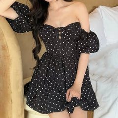 Puff Sleeve Black Polka Dot Corset Style Mini Dress