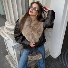 Faux Fur PLush Collar Pu Leather Jacket