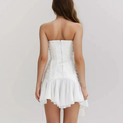 White Strapless Lace Up Frill Mini Dress