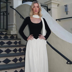 Long Sleeve Contrast Flare With Neck Scarf Maxi Dress