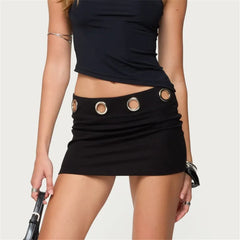 Black Low Waist Metal Eyelet Trim Bodycon Mini Skirt
