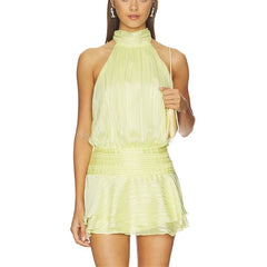 Satin Tie Neck Elastic Smocked Waist Open Back Mini Dress