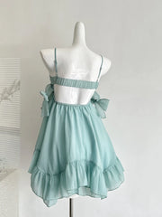 Mint Green Chiffon Bow Ruffle Mini Dress