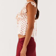 Red Polka Dot Short Sleeve Ruffle Top