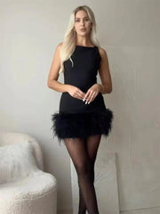 Black Feather Patchwork Mini Dress