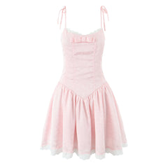 Tie Up Bow Lace Trim Flare Mini Dress