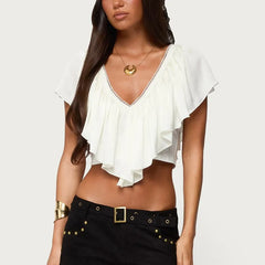 White Frill Trim V-Neck Crop Top