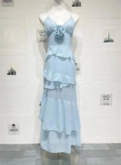 Spaghetti Strap 3D Rose V Neck Ruffle Maxi Dress
