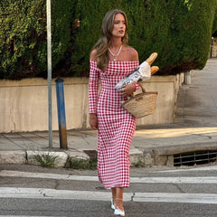 Red Gingham Long Shoulder Off-shoulder Maxi Dress