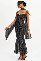 Black Polka Dot Sweetheart Neck Spaghetti Strap Scarf Maxi Dress
