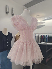Sequin Tulle V-neck Mini Dress