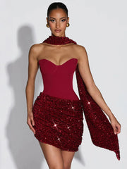 Scarf Collar Sequin Strapless Mini Dress