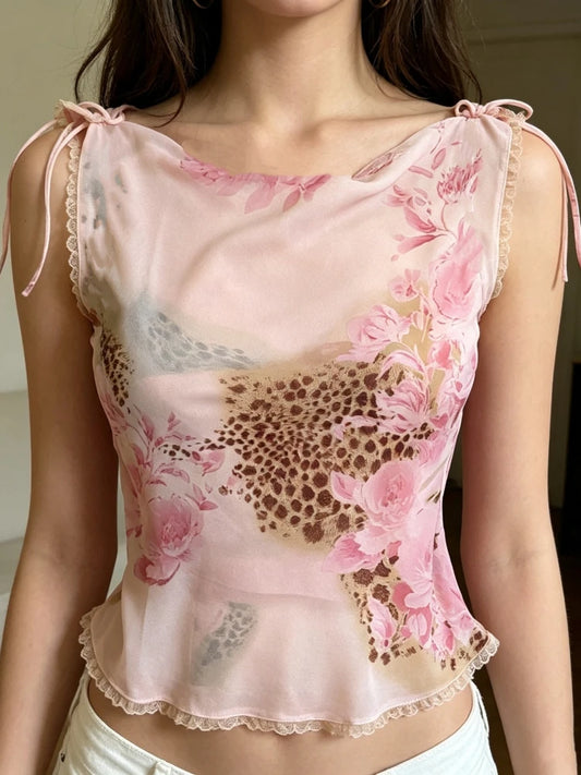 Pink Flower Print Lace-up Off-Shoulder Top