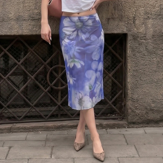 Blue Flower Printed Mesh Midi Skirt