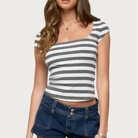 Striped Square Neck Crop T-Shirt