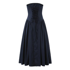 Blue Strapless Lace Up A-Line Midi Dress