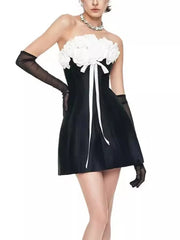 Rose Bow Lace Up Strapless Mini Dress