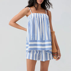 Blue Striped Cami Babydoll Top And Shorts Set