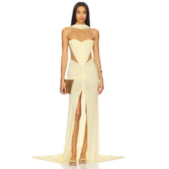 Yellow Patchwork Ruched Slit Wrap Around Sleeve Midi Dress